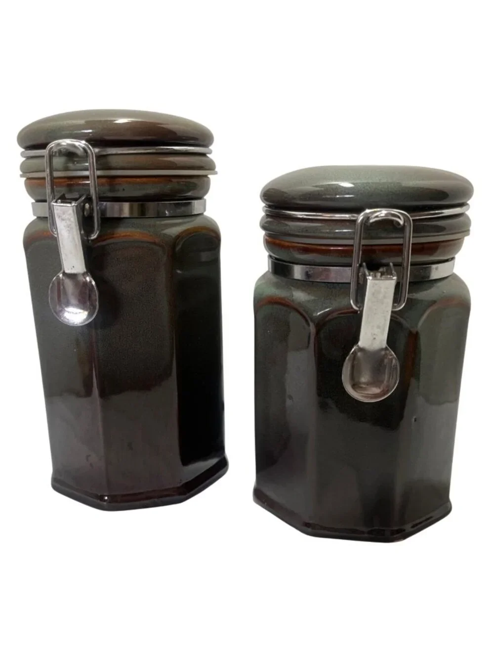 Pier 1 Six Inch Ceramic Hexagonal Canister with Latch Lid in Brown & Green Glaze